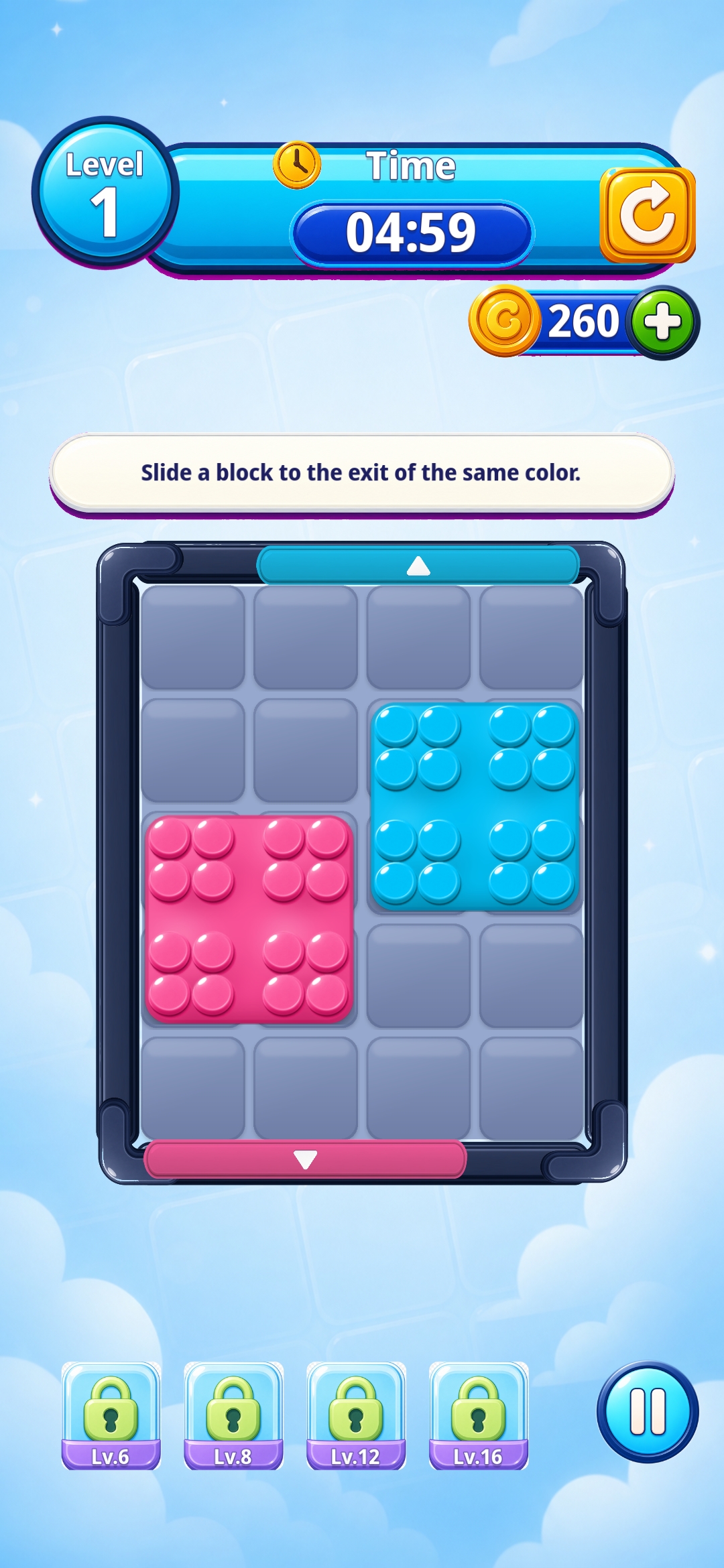 Hueway Level 1: slide the cyan and pink blocks toward the matching colored exits.